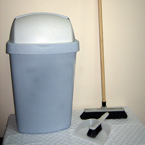 Dustbin, broom, dustpan and brush