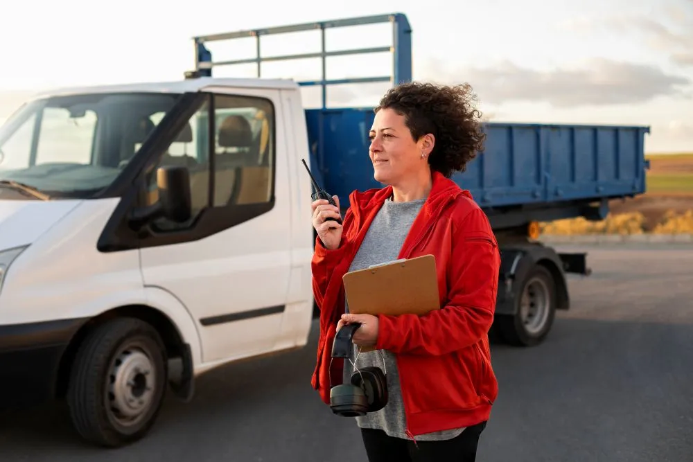 Professionnelle en déplacement devant un véhicule utilitaire, avec un talkie-walkie et un dossier en main.